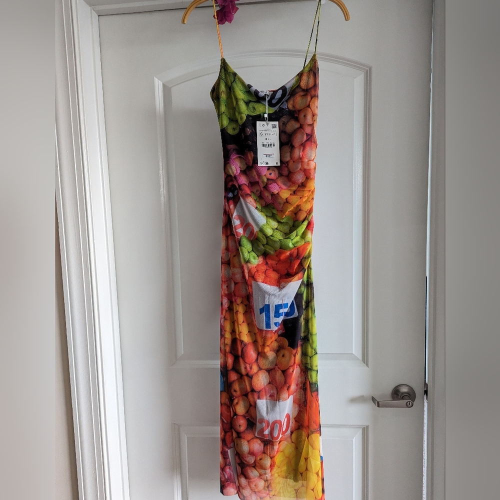 ZARA WATERCOLOR VIBRANT FLORAL FRUIT PRINT MESH MIDI SHEATH SLIP DRESS Size S - Picture 8 of 14